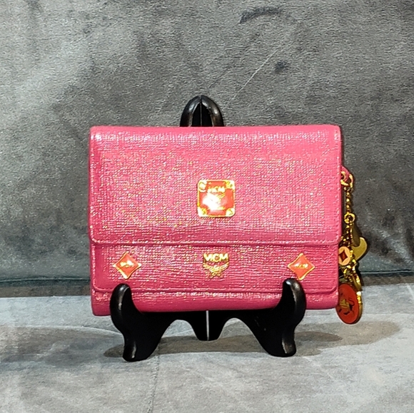 MCM Pink Short Studded Leather Charm Trifold Wallet - Picture 14 of 15